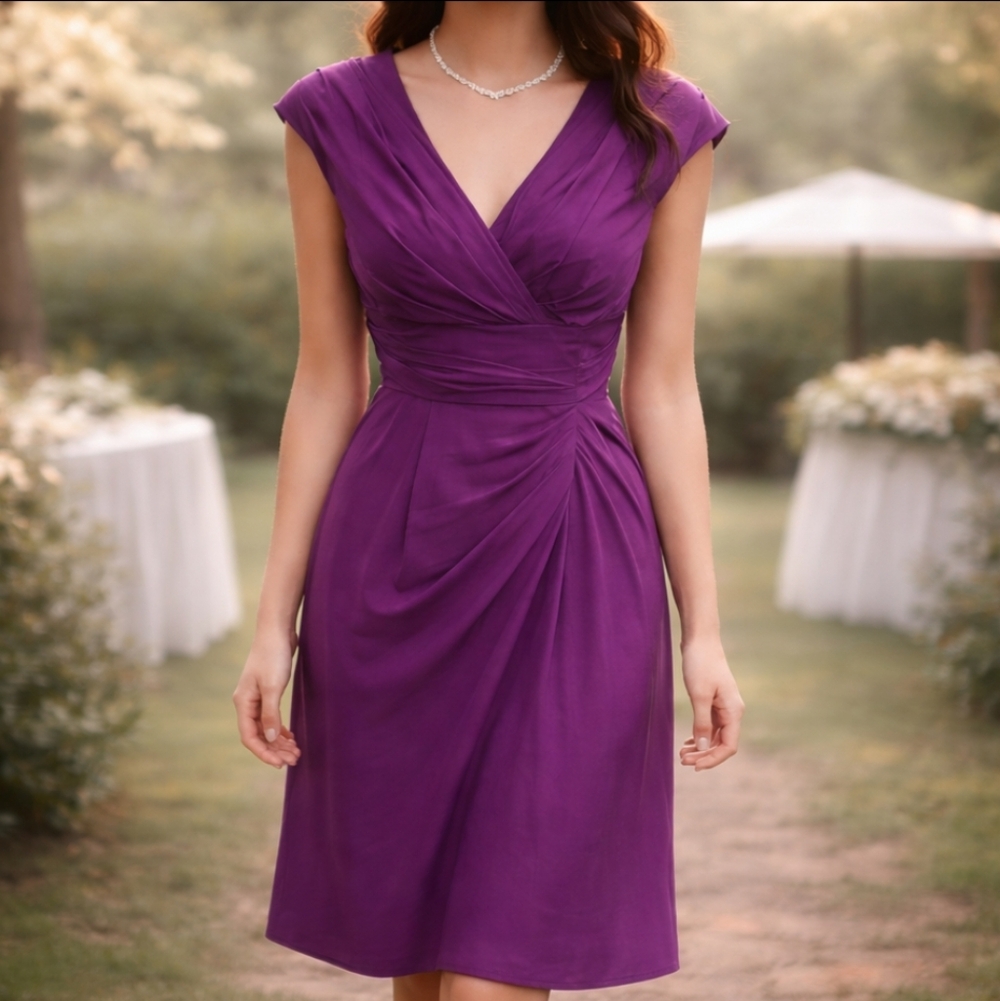 Suzi Chen Purple V Neck Cocktail Dress Wrap Top Fitted Waist Drapes Sz 8